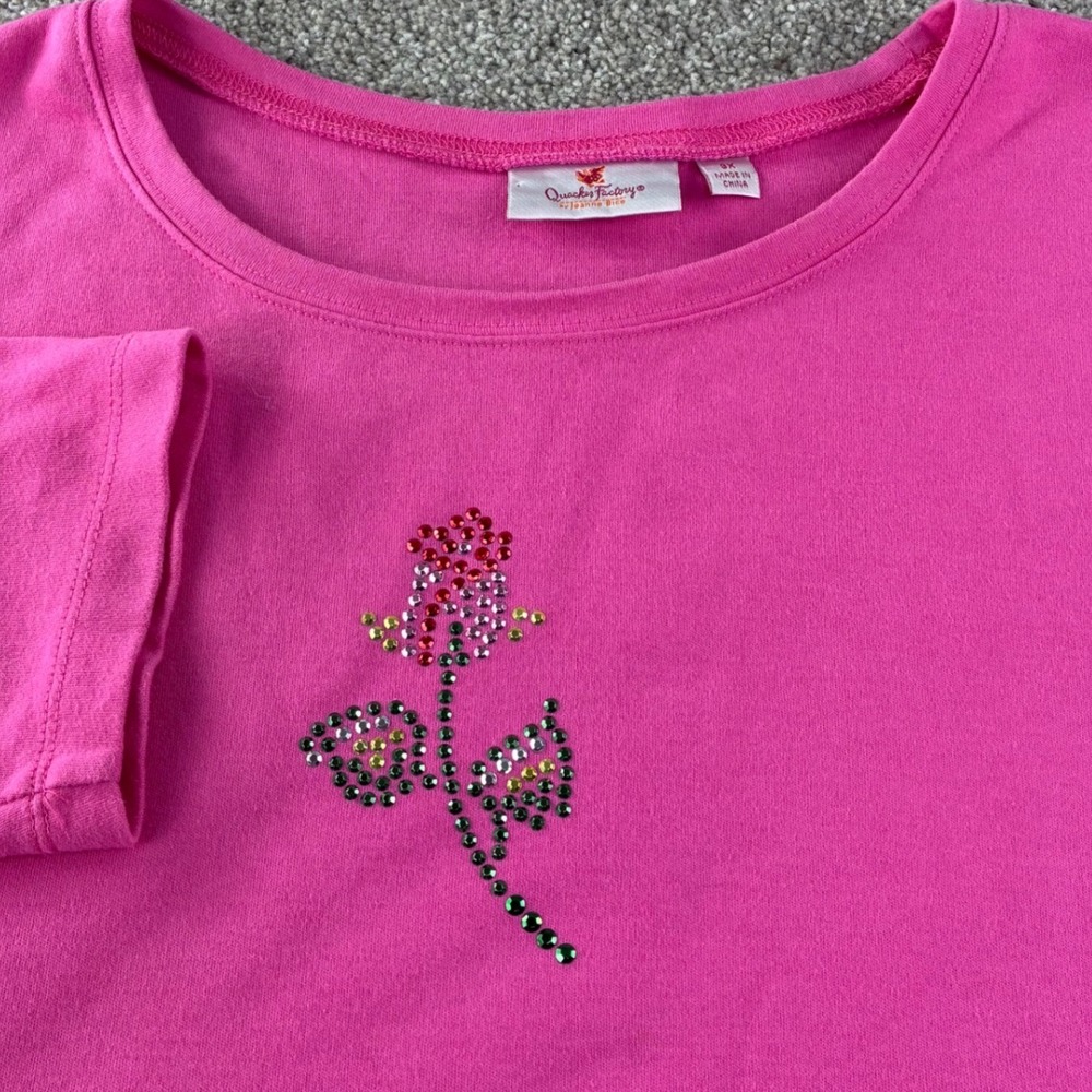 Quacker Factory T Shirt Womens 3X Pink Rhinestone Rose Grandpacore Cotton Casual